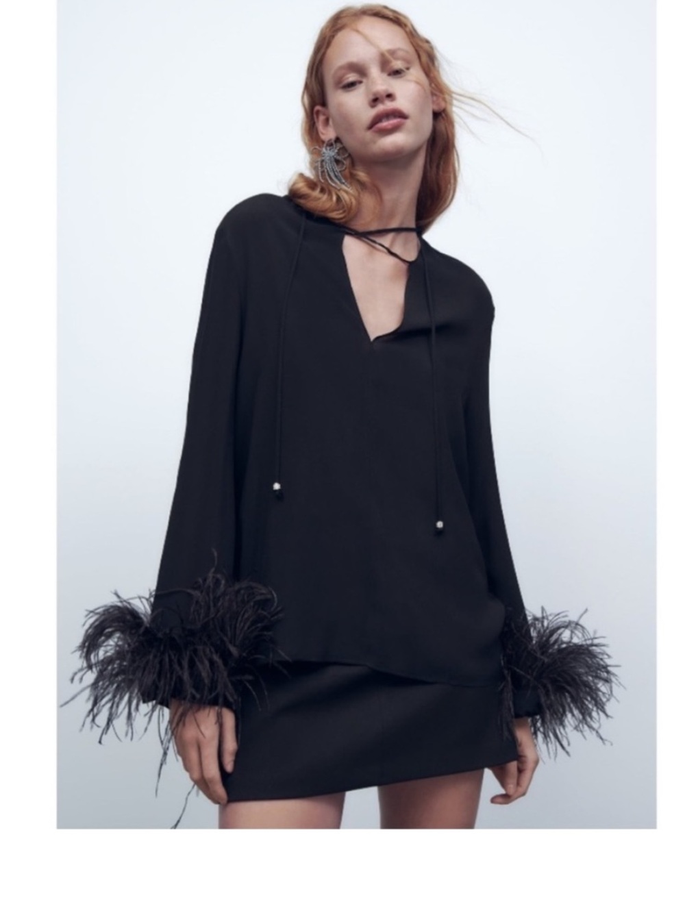 Zara Black Blouse with Feather Cuffs